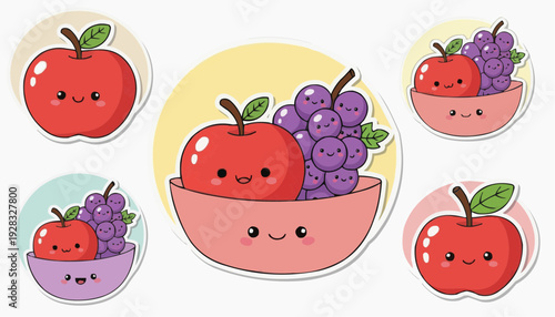 Cute cartoon fruits in bowls with smiling faces
