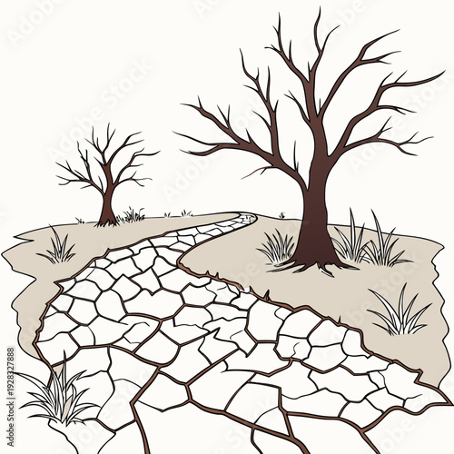 Cracked dry earth with bare trees and grass arid land