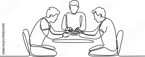 Minimalist continuous line drawing of three people sitting around table, symbolizing collaboration, unity, teamwork, focus, shared activity, connection