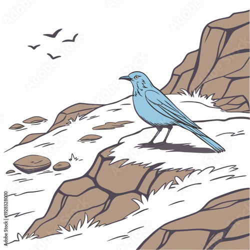 Blue bird standing on rocky hillside with flying birds
