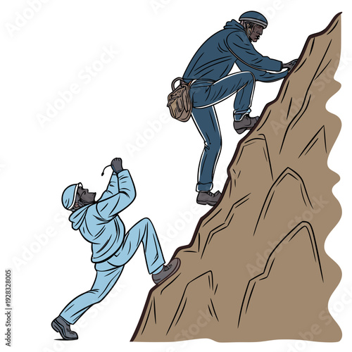 Two climbers ascending a steep brown rock face rock climbing