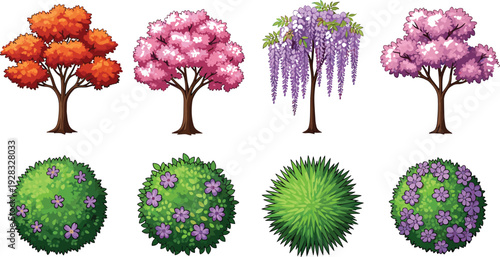 Vector illustration collection featuring colorful autumn trees, pink cherry blossoms, purple wisteria, and manicured green garden shrubs with purple flowers.