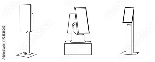 Self Service Kiosk Icon Set – Interactive Touchscreen, Payment Terminal and Digital Information Display Silhouette Vector Icons