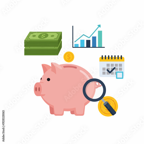 Piggy Bank with Financial Elements.