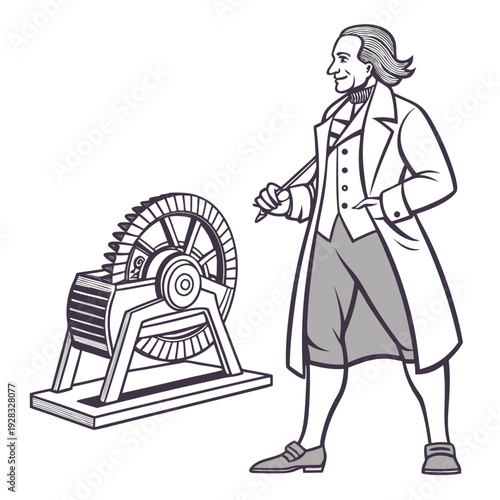 Classical scientist standing beside mechanical device