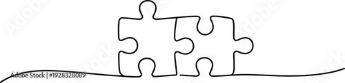 Minimalist continuous line drawing of two interlocking puzzle pieces, symbolizing unity, connection, problem‑solving, collaboration, partnership, fitting together