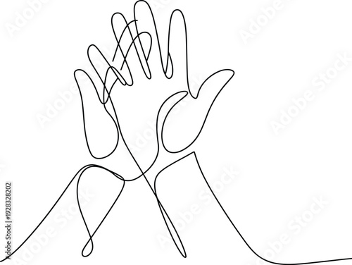Minimalist continuous line drawing of two overlapping hands with fingers spread, symbolizing unity, connection, emotion, support, artistic expression
