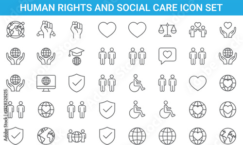 Human rights and social care icon set, outline style, global community, equality, disability support, love, protection, unity symbols collection