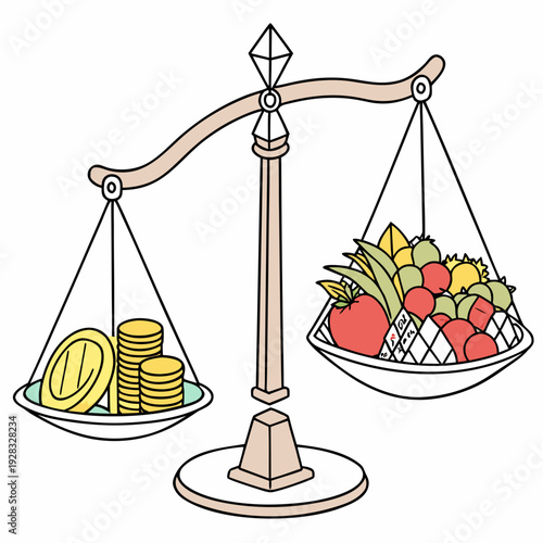 Scales with coins and fruit balance money