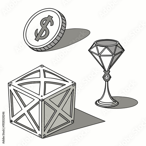 Metallic wealth including coin cube and diamond