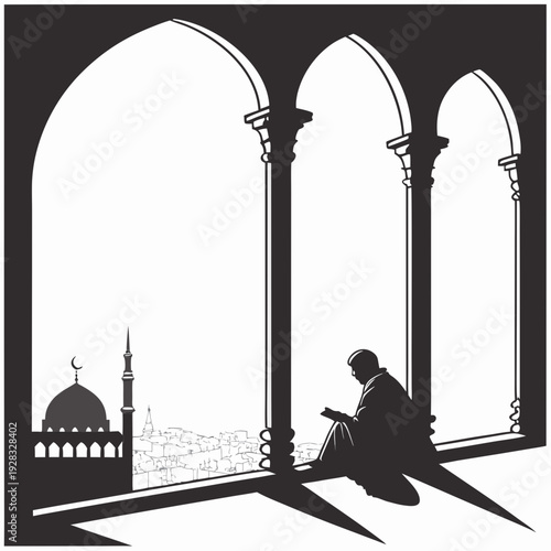 Black and white of man sitting in prayer on floor of archway overlooking city with mosque