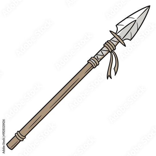 Tribal hunting spear with stone tip and leather wrapping