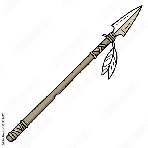 Brown tribal hunting spear with feathers tribal spear