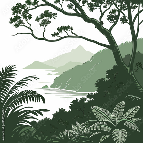 Dense island vegetation with tree overlooking water and mountains