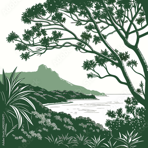 Dense island vegetation with tree overlooking ocean and mountain
