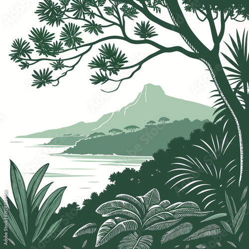 Dense island vegetation with mountain and sea tree