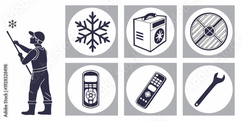 A man with a telescope observing various weather phenomena and tools Vector