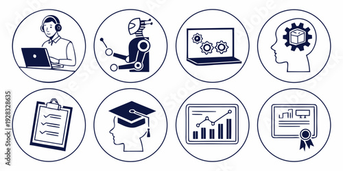 Icons representing various aspects of education, technology, and business Vector