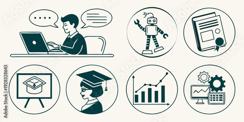 Diverse icons representing various aspects of education and communication Vector