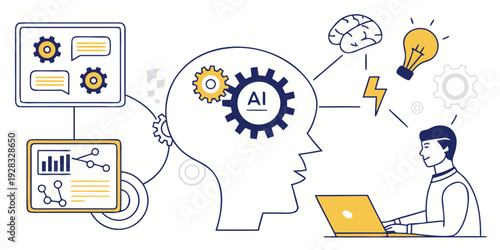 A person with a head full of gears and computer parts, surrounded by icons. Vector