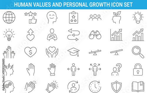 Human values and personal growth icon set, motivation success symbols, teamwork mindset, leadership, education, lifestyle vector collection pack
