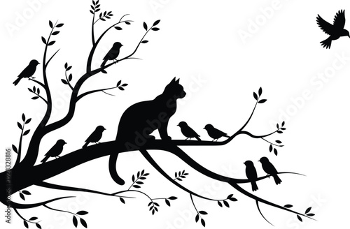 Cat on tree branch silhouette with birds, black vector nature illustration isolated on white background decorative design