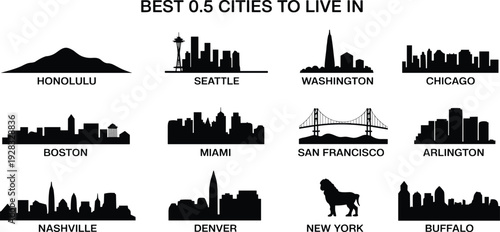 Best US cities skyline silhouettes collection, black vector cityscape icons set isolated on white background travel concept illustration