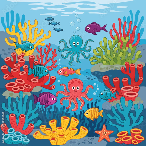 Colorful Cartoon Underwater Scene with Sea Creatures.