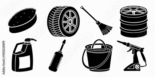 Assorted car maintenance tools and equipment illustrated in black and white Vector
