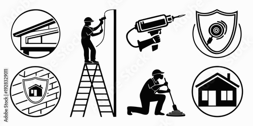 Assorted icons representing various safety and security services and equipment. Vector