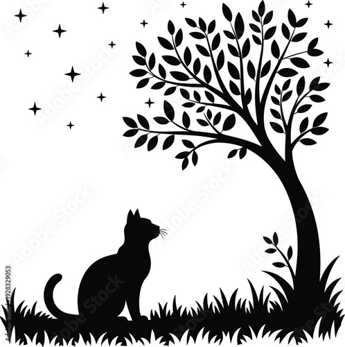 Cat under tree silhouette at night, black vector illustration with stars isolated on white background nature design