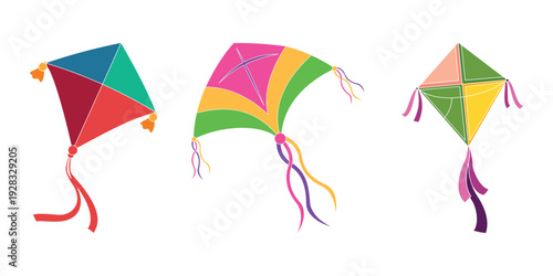 Kite Icon Set – Flying Diamond Kite with Decorative Tail Vector Illustration for Apps, Web and Toys