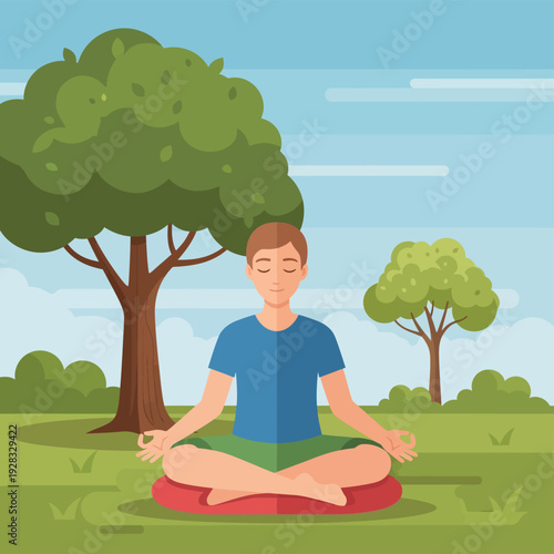 Man Meditating in Park Serene.
