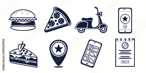 Assorted icons representing food delivery services and related items Vector