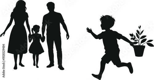 Family and child silhouettes collection, parents with daughter walking and boy running with plant black vector illustration