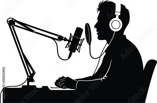 Podcast host recording audio with microphone and headphones in professional studio silhouette vector illustration for broadcasting streaming radio production content