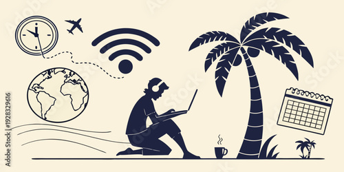 A person sitting on a beach with a laptop, enjoying the sun and the sea Vector