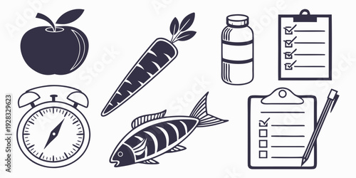 Healthy eating and exercise icons representing a balanced lifestyle Vector
