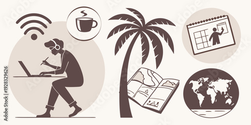 A woman in a pink dress and hat is playing golf on a sunny beach with palm trees. Vector