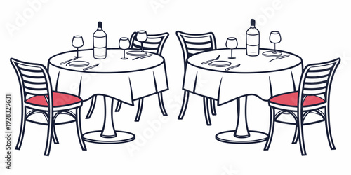 A beautifully set dining room with two tables, chairs, and a sideboard. Vector