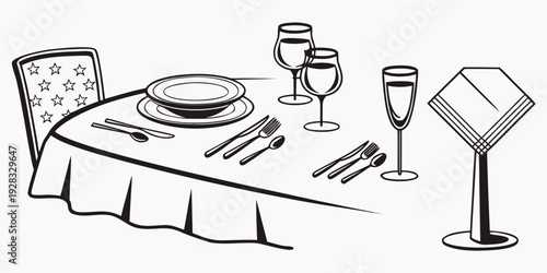 Elegant table setting with wine glasses and a vase of flowers Vector
