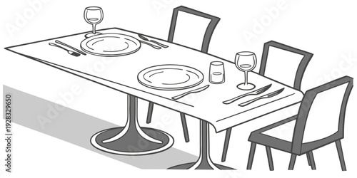 A well set dining table with chairs and a centerpiece Vector
