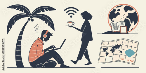 A man holding an umbrella while walking through a storm with a woman and a dog Vector