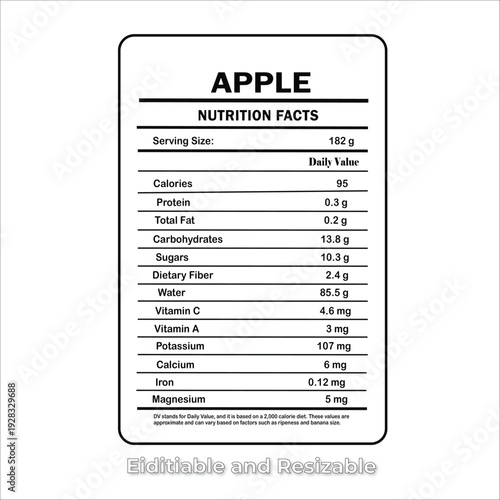 apple nutrition facts, nutrition facts label, vector, nutrition information, food information with daily value, data table ingredients calorie, food label, fat, calorie i