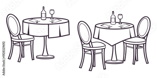 Two cozy dining tables with chairs set up for a meal. Vector