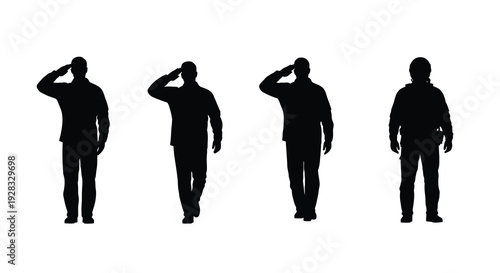 Four military figures saluting in a black graphic silhouette