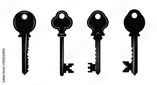 Four antique keys displayed in a row black silhouette