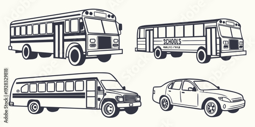 A diverse collection of vehicles including buses, cars, and a van Vector