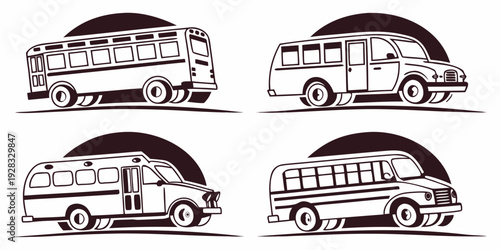 Four different types of recreational vehicles parked in a row. Vector