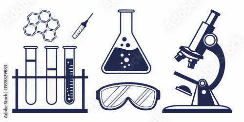 Scientific equipment and elements representing various fields of study. Vector